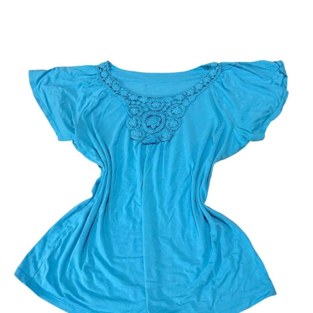 Sky Blue Crochet Neckline Flutter Sleeve Top L/XL — Y2K Retro Boho Trendy Flowy